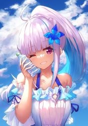 Rule 34 | 1girl, bare shoulders, blue flower, blue hair, blue sky, blush, bottle, braid, breasts, cloud, cloudy sky, collarbone, commentary request, day, dress, flower, grin, hair flower, hair ornament, high ponytail, highres, holding, holding bottle, lize helesta, long hair, multicolored hair, nijisanji, off-shoulder dress, off shoulder, one eye closed, outdoors, pink hair, ponytail, purple eyes, sky, small breasts, smile, solo, two-tone hair, upper body, very long hair, virtual youtuber, water bottle, white dress, yuuki nao (pixiv10696483)