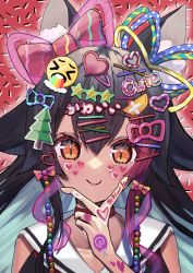 Rule 34 | 1girl, absurdres, animal ears, black hair, blue hair, bow, choker, collarbone, colored inner hair, emoji, hair bow, hair ornament, hairclip, hand on own chin, heart, highres, hololive, looking at viewer, multicolored hair, ookami mio, ookami mio (1st costume), pink bow, portrait, red background, red choker, sailor collar, siranami eight, smile, solo, star (symbol), star hair ornament, sticker, v, virtual youtuber, wolf ears, wolf girl