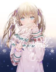 Rule 34 | 1girl, backlighting, bad id, bad pixiv id, blonde hair, blue eyes, blush, covered mouth, dangmill, earmuffs, gift, long hair, looking at viewer, merry christmas, nail polish, original, sleeves past wrists, snowflakes, solo, turtleneck, twintails, upper body, white nails