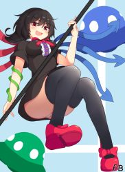 Rule 34 | 1girl, :d, ass, asymmetrical wings, black dress, black hair, black thighhighs, blue background, blush, bow, bowtie, breasts, center frills, dress, floating, floorbear, frills, from below, hair between eyes, highres, holding, holding polearm, holding weapon, houjuu nue, looking at viewer, medium breasts, medium hair, open mouth, panties, polearm, red bow, red bowtie, red eyes, red footwear, simple background, smile, snake, solo, thighhighs, touhou, ufo, underwear, upskirt, weapon, white panties, wings
