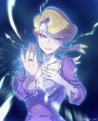 Rule 34 | 1girl, blonde hair, blue eyes, braid, breasts, cleavage, cleavage cutout, clothing cutout, collarbone, commentary request, creatures (company), dress, elite four, eyelashes, fingernails, game freak, glacia (pokemon), gloves, hands up, highres, ivory (25680nico), jewelry, looking at viewer, nintendo, pokemon, pokemon oras, purple dress, ring, signature, single glove, smile, solo