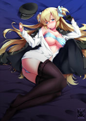 Rule 34 | 1girl, areola slip, artist logo, artist name, bad id, bad pixiv id, bed, bed sheet, black gloves, black hat, black jacket, black thighhighs, blonde hair, blue eyes, blush, bow, bra, breasts, cleavage, closed mouth, collarbone, collared shirt, commentary, commission, dress shirt, english commentary, feet, gainoob, gloves, hair bow, hair ribbon, hat, jacket, large breasts, liz hohenstein, long hair, long sleeves, looking at viewer, lying, military, military hat, military jacket, military uniform, muv-luv, muv-luv alternative, nose blush, off shoulder, on bed, on side, panties, ribbon, schwarzesmarken, shirt, single bare shoulder, single glove, smile, solo, striped bow, striped bra, striped clothes, striped panties, thighhighs, thighs, twirling hair, unbuttoned, unbuttoned shirt, underboob, underwear, undressing, uniform, unworn clothes, unworn hat, unworn headwear, very long hair, white shirt