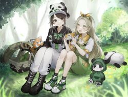 Rule 34 | ! (rsa yuhr), 2girls, :d, absurdres, bamboo shoot, basket, black footwear, black shirt, black socks, blonde hair, blush, boots, bow, bow hairband, bowtie, brown eyes, brown hair, bush, camera, cross-laced footwear, day, emma woods, emma woods (panda keeper), eye contact, falling leaves, freckles, full body, fur hat, green bow, green bowtie, green eyes, green footwear, green hairband, green overalls, hairband, hat, highres, holding, holding camera, identity v, knees up, lace-up boots, lard, leaf, long hair, looking at another, memory (identity v), memory (panda friend) (identity v), multiple girls, official alternate costume, on grass, open mouth, overall shorts, overalls, panda, panda hat, pants, parted bangs, peter pan collar, puffy short sleeves, puffy sleeves, shirt, shoes, short sleeves, sitting, smile, sneakers, socks, striped bow, striped bowtie, striped clothes, stuffed animal, stuffed panda, stuffed toy, swept bangs, tanuki, tree, two-tone footwear, white footwear, white pants, white shirt