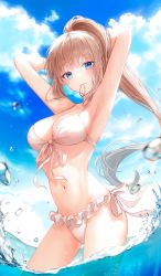 Rule 34 | 1girl, 723/nanahumi, armpits, arms behind head, arms up, bad id, bad twitter id, bikini, blue eyes, blue sky, blunt bangs, blush, breasts, brown hair, cleavage, closed mouth, cloud, collarbone, contrapposto, cowboy shot, day, eyelashes, floating hair, frilled bikini, frills, front-tie bikini top, front-tie top, hair tie, hair tie in mouth, halterneck, high ponytail, highres, in water, large breasts, long hair, looking at viewer, mouth hold, navel, ocean, original, outdoors, partially submerged, partially unzipped, ponytail, revision, side-tie bikini bottom, sidelocks, sky, solo, standing, stomach, swimsuit, very long hair, wading, water, water drop, wet, white bikini
