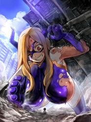Rule 34 | 10s, 1boy, 1girl, 774 (nanashi), all fours, arm up, bad id, bad pixiv id, blonde hair, blood, blue sky, bodysuit, boku no hero academia, breasts, building, child, city, day, debris, destruction, domino mask, giant, giantess, gloves, grin, hanging breasts, happy, highres, horns, huge breasts, injury, large breasts, long hair, looking at another, looking down, looking up, mask, mount lady, one eye closed, outdoors, parted lips, protecting, purple eyes, purple gloves, rubble, scrape, shirt, short hair, sitting, size difference, sky, smile, smoke, spandex, spread legs, superhero costume, teeth, thighhighs, torn bodysuit, torn clothes