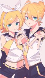 Rule 34 | 1boy, 1girl, :3, :o, ahoge, bare shoulders, black shorts, black sleeves, blonde hair, bow, breasts, brother and sister, commentary, crop top, detached sleeves, green eyes, gyaru v, hair bow, hair ornament, hairclip, headphones, headset, highres, kagamine len, kagamine rin, looking at viewer, midriff, navel, neckerchief, necktie, sailor collar, shirt, short ponytail, short sleeves, shorts, shouto suzuki, siblings, side-by-side, sleeveless, sleeveless shirt, small breasts, smile, swept bangs, twins, v, vocaloid, white bow, yellow neckerchief, yellow necktie