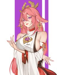 Rule 34 | 1girl, animal ears, arepko, bare shoulders, breasts, commentary request, detached sleeves, fox ears, genshin impact, highres, large breasts, long hair, long sleeves, looking at viewer, pink hair, pink lips, purple eyes, shirt, sideboob, sleeveless, sleeveless shirt, smile, solo, upper body, very long hair, white shirt, yae miko