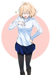 Rule 34 | 1girl, arcueid brunestud, black pantyhose, blonde hair, blue skirt, boots, citron80citron, hand on own chest, highres, jewelry, medium hair, necklace, pantyhose, shirt, skirt, solo, standing, sweater, thighs, tsukihime, white background, white shirt, white sweater