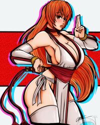Rule 34 | 1girl, ass, astromaticart, breasts, brown hair, cleavage, dead or alive, highres, kasumi (doa), large breasts, long hair, ninja, pelvic curtain, sideboob, sleeveless, sword, thighhighs, weapon