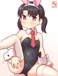 Rule 34 | 1girl, animal ears, black hair, black leotard, blush, cameltoe, covered navel, detached collar, fake animal ears, fake tail, gradient background, hair between eyes, kanon (kurogane knights), kantai collection, leotard, necktie, one-hour drawing challenge, pink background, playboy bunny, purple eyes, rabbit ears, rabbit tail, red necktie, short hair, shounan (kancolle), sitting, solo, strapless, strapless leotard, tail, thighhighs, twintails, white thighhighs, wrist cuffs
