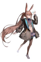 Rule 34 | 1girl, absurdres, amiya (arknights), animal ear fluff, animal ears, arknights, arm up, ascot, black jacket, blue eyes, brown hair, brown pantyhose, closed mouth, full body, glint, hair between eyes, highres, holding, hood, hood down, hooded jacket, jacket, long hair, long sleeves, open clothes, open jacket, pantyhose, pleated skirt, ponytail, puffy long sleeves, puffy sleeves, purple ascot, purple skirt, rabbit ears, shirt, shoes, simple background, skirt, smile, solo, standing, standing on one leg, very long hair, white background, white footwear, white shirt, zao6702235
