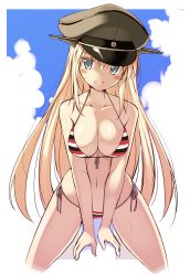 Rule 34 | 10s, 1girl, alternate costume, bare shoulders, bikini, bismarck (kancolle), blonde hair, blue eyes, blush, breasts, cleavage, front-tie top, hat, highres, kantai collection, large breasts, long hair, looking at viewer, military hat, ohta yuichi, open mouth, peaked cap, side-tie bikini bottom, smile, solo, swimsuit