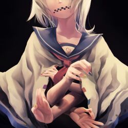 Rule 34 | 1girl, black background, blue sailor collar, closed mouth, collarbone, commentary request, extra arms, facing viewer, head out of frame, head tilt, highres, light frown, medium hair, mudra, multicolored nails, neckerchief, nizimine kakoi, open clothes, poncho, red neckerchief, sailor collar, simple background, solo, unjou, upper body, utau, vitarka mudra, white hair, zipper