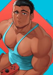 Rule 34 | 1boy, absurdres, artist name, bara, black hair, blue tank top, convenient censoring, facial hair, highres, joy-con, large pectorals, looking at viewer, male focus, mikicat, muscular, muscular male, nipples, original, pectorals, short hair, solo, tank top