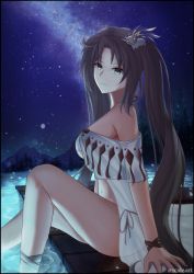 Rule 34 | 1girl, absurdres, bad id, bad pixiv id, bikini, black border, border, breasts, brown eyes, brown hair, fate/grand order, fate (series), hair ornament, highres, huge filesize, large breasts, light frown, long hair, looking at viewer, looking to the side, mountain, night, night sky, rayleigh scale, sitting, sky, solo, star (sky), starry sky, swimsuit, tree, twintails, very long hair, water, white bikini, wrist straps, yu mei-ren (fate), yu mei-ren (swimsuit lancer) (fate)