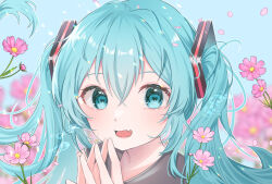 Rule 34 | 1girl, air bubble, aqua eyes, aqua hair, blurry, blurry background, blush, bubble, cosmos (flower), falling petals, fang, floating hair, flower, hair between eyes, hair ornament, hatsune miku, heart, heart-shaped pupils, highres, long hair, looking at viewer, mokoinu (pixiv 27216243), open mouth, own hands together, petals, pink flower, portrait, skin fang, smile, solo, steepled fingers, symbol-shaped pupils, twintails, underwater, very long hair, vocaloid
