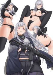 Rule 34 | absurdres, ak-12, ak-12 (girls&#039; frontline), ass, assault rifle, breasts, cloak, closed eyes, girls&#039; frontline, gloves, grey hair, gun, highres, kalashnikov rifle, kiserohu 3, large breasts, light smile, long hair, mask, mouth mask, nipples, panties, partially fingerless gloves, presenting, pussy, red eyes, rifle, smile, spread ass, spread legs, stomach, thighhighs, underwear, weapon, white background