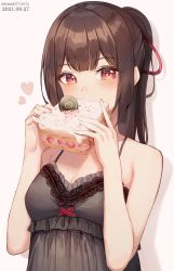 Rule 34 | 1girl, absurdres, bare arms, bare shoulders, blush, breasts, brown hair, cake, cleavage, dated, food, frills, heart, highres, holding, holding food, lingerie, long hair, negligee, original, ponytail, red eyes, schuld, simple background, sleeveless, small breasts, twitter username, underwear, underwear only, upper body, white background