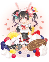 Rule 34 | 10s, 1girl, animal ears, arishiki, black hair, rabbit ears, detached collar, fork, hair ornament, happy birthday, highres, holding, looking at viewer, love live!, love live! school idol project, maid, maid headdress, mogyutto &quot;love&quot; de sekkin chuu!, red eyes, smile, solo, twintails, yazawa nico