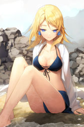 Rule 34 | 1girl, bare legs, barefoot, bikini, blonde hair, blue bikini, blue eyes, breasts, cleavage, collarbone, dress shirt, earrings, front-tie top, grin, jewelry, light smile, long hair, lowres, open clothes, open shirt, rock, rose pacifica, salt (salty), shirt, short hair, sitting, smile, solo, swept bangs, swimsuit, sword girls, water