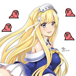 Rule 34 | 1girl, 4others, bird, blonde hair, blue eyes, blue shirt, breasts, double bun, fletcher (kancolle), hair bun, hair ornament, hairband, highres, kantai collection, large breasts, long hair, looking at viewer, multiple others, neckerchief, off shoulder, parrot, pleated skirt, sailor collar, school uniform, serafuku, shirt, simple background, skirt, star (symbol), star hair ornament, tk8d32, white background, white sailor collar, white skirt, yellow neckerchief