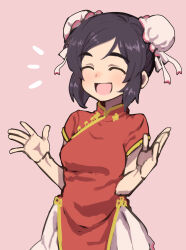 1girl ^_^ black_hair blush breasts bun_cover china_dress chinese_clothes closed_eyes dot_nose double_bun dress gazacy_(dai) hair_bun hands_up highres idolmaster idolmaster_cinderella_girls idolmaster_cinderella_girls_starlight_stage medium_breasts open_mouth pink_background red_dress short_hair short_sleeves simple_background smile solo thick_eyebrows yao_fueifuei yellow_trim