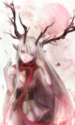 Rule 34 | 1girl, animal ears, antlers, bell, blue eyes, hand in own hair, head tilt, highres, horns, jingle bell, long hair, looking at viewer, obi, off shoulder, original, parted lips, red scarf, sash, scarf, solo, white hair, zhang xiao bo