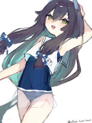 Rule 34 | 1girl, after suko, arm up, black hair, blue one-piece swimsuit, blue ribbon, blush, hair between eyes, hair ribbon, headgear, i-47 (kancolle), kantai collection, long hair, one-hour drawing challenge, one-piece swimsuit, open mouth, ribbon, sailor collar, see-through, see-through skirt, simple background, skirt, solo, swimsuit, swimsuit under clothes, tress ribbon, twitter username, white background, white sailor collar