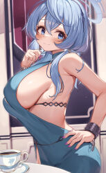 Rule 34 | 1girl, absurdres, ako (blue archive), ako (dress) (blue archive), backless dress, backless outfit, black hairband, blue archive, blue dress, blue eyes, blue hair, blue halo, blush, breasts, closed mouth, coffee, cuffs, cup, dress, fingernails, hair between eyes, hairband, halo, hand on own hip, handcuffs, highres, large breasts, long hair, looking at viewer, nail polish, official alternate costume, purple nails, sideboob, sleeveless, sleeveless dress, solo, wavy mouth, yuk (pakyaru)