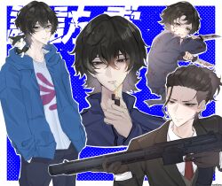 Rule 34 | 1boy, bags under eyes, black gloves, black suit, blood, blood on clothes, blood on face, bloody weapon, blue background, blue jacket, buddy daddies, cat, cigarette, dual wielding, formal, gloves, gun, hair between eyes, hair slicked back, highres, holding, holding gun, holding weapon, jacket, kaokiiumu, knife, lighter, mouth hold, multiple views, necktie, red necktie, shirt, short hair, suit, suwa rei, teeth hold, weapon, white shirt