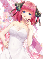Rule 34 | 1girl, bare shoulders, black ribbon, blue eyes, breasts, cleavage, closed mouth, collarbone, commentary request, dress, go-toubun no hanayome, hair ribbon, hand on own hip, hand up, highres, licking lips, looking at viewer, medium breasts, multicolored nails, nail polish, nakano nino, purple hair, ribbon, rukinya (nyanko mogumogu), smile, solo, strapless, strapless dress, tongue, tongue out, two side up, wedding dress, white dress