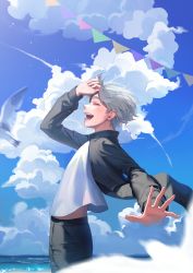Rule 34 | 1boy, absurdres, arm up, bird, black pants, blurry, clothes lift, cloud, commentary request, facing to the side, grey hair, haikyuu!!, hand on own face, hand on own forehead, happy, highres, jacket, jacket lift, kkuni, male focus, messy hair, motion blur, ocean, open clothes, open jacket, open mouth, outdoors, outstretched arm, outstretched hand, pants, profile, seagull, shirt, shirt lift, short hair, sky, smile, solo, standing, sugawara koushi, teeth, white shirt, wind, wind lift