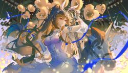 Rule 34 | 1girl, absurdres, animal ears, artist request, balloon, brown hair, carousel, douluo dalu, dress, glint, hair ornament, highres, holding, holding balloon, long hair, night, parted lips, pink dress, pink eyes, ponytail, rabbit ears, second-party source, solo, star (sky), turning head, upper body, xiao wu (douluo dalu)