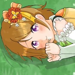 Rule 34 | 1girl, artist name, artist request, bare shoulders, blush, bow, bowtie, breasts, brown hair, center frills, close-up, collared dress, dress, earrings, elbow sleeves, female focus, flower, flower dress, frilled sleeves, frills, grass, green bow, hair between eyes, hair flower, hair ornament, hair ribbon, holding, holding flower, jewelry, koizumi hanayo, looking at viewer, love live!, love live! school idol festival, love live! school idol project, on grass, orange dress, orange flower, orange ribbon, parted lips, purple eyes, red flower, ribbon, short hair, smile, solo, upper body, wing collar, yellow flower, yellow ribbon