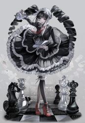 Rule 34 | 1girl, absurdres, black dress, black hair, black thighhighs, celestia ludenberg, checkered floor, chess piece, cup, danganronpa: trigger happy havoc, danganronpa (series), dress, drill hair, earrings, flower, frilled dress, frills, full body, high heels, highres, holding, holding teapot, holding tray, jewelry, king (chess), knight (chess), layered dress, long hair, long sleeves, looking away, maid headdress, nat nim, necktie, pawn (chess), queen (chess), red eyes, red flower, red necktie, rook (chess), solo, standing, teacup, teapot, thighhighs, tray, twin drills, twintails