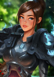 Rule 34 | 1girl, armor, artist name, player character (wow), blue eyes, blurry, blurry background, breastplate, brown hair, commission, dutch angle, highres, lips, long hair, looking at viewer, nixri, outdoors, over shoulder, parted lips, short hair, short ponytail, shoulder armor, solo, upper body, warcraft, weapon, weapon over shoulder, world of warcraft