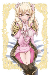 Rule 34 | 1girl, armor, blonde hair, bow, brown eyes, closed mouth, dress, drill hair, earrings, fire emblem, fire emblem awakening, frills, gloves, hair between eyes, hair bow, highres, hip armor, jewelry, long hair, long sleeves, looking at viewer, maribelle (fire emblem), nintendo, pink bow, pink dress, shoulder armor, smile, solo, umehime