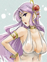 Rule 34 | 1girl, athena, bare shoulders, breasts, cleavage, dress, huge breasts, jewelry, kido saori, looking at viewer, lots of jewelry, navel, open mouth, purple eyes, purple hair, saint seiya, see-through, simple background, solo, standing