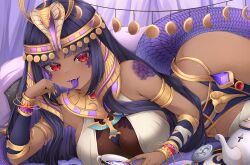 Rule 34 | 1girl, absurdres, armlet, black hair, breasts, circlet, colored tongue, cup, dark-skinned female, dark skin, egyptian clothes, forked tongue, gem, gold bracelet, gold nails, hair ornament, highres, large breasts, long hair, naya onuphyrus, purple gemstone, purple tongue, red eyes, red gemstone, saino entertainment, scales, second-party source, shironagase, slit pupils, snake girl, snake hair ornament, snake tail, solo, tail, teacup, teapot, tongue, usekh collar, virtual youtuber