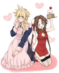 Rule 34 | 1boy, 1girl, 2016, ;d, aerith gainsborough, alternate costume, alternate hair length, alternate hairstyle, apron, arm up, bad id, bad pixiv id, blonde hair, blue eyes, blue shirt, blue skirt, blush, braid, braided ponytail, breasts, brown hair, bun cover, china dress, chinese clothes, cleavage, cleavage cutout, clothing cutout, cloud strife, crossdressing, dress, embarrassed, enmaided, final fantasy, final fantasy vii, fishnet thighhighs, fishnets, full body, green eyes, hair between eyes, hair over shoulder, hair ribbon, holding, holding plate, kneeling, krudears, long hair, long skirt, long sleeves, maid, maid headdress, medium breasts, one eye closed, open mouth, pink apron, plate, ponytail, red dress, red ribbon, ribbon, shirt, short dress, side slit, skindentation, skirt, sleeveless, sleeveless dress, smile, sweatdrop, thighhighs, twitter username, very long hair, white background