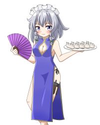 Rule 34 | 1girl, alternate costume, bare legs, bare shoulders, blue dress, blue eyes, blush, border, bow, braid, breasts, china dress, chinese clothes, cleavage cutout, clothing cutout, commentary request, dress, dumpling, food, green bow, grey hair, hand fan, hands up, highres, holding, holding fan, holding plate, izayoi sakuya, knife, lips, looking at viewer, maid headdress, medium breasts, paper fan, plate, sideboob, solo, standing, thigh strap, throwing knife, touhou, twin braids, underwear, weapon, yellow border, zenji029