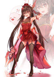 Rule 34 | !?, 1girl, bare shoulders, bolinger, boots, bow, breasts, brown hair, fang, full body, genshin impact, ghost, hair between eyes, hat, highres, holding, holding polearm, holding weapon, hu tao (genshin impact), looking at viewer, medium breasts, mini hat, open mouth, polearm, red eyes, see-through, simple background, skirt, sleeveless, solo, spear, standing, thighhighs, tongue, twintails, weapon, white background
