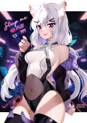 Rule 34 | 1girl, :p, ahoge, animal ear fluff, animal ears, bare shoulders, black jacket, black thighhighs, breasts, cat ears, commentary, covered navel, english commentary, facial mark, hand up, highres, jacket, large breasts, leotard, long hair, long sleeves, looking at viewer, meme, nail polish, off shoulder, purple eyes, purple nails, shyrei faolan, smile, solo, squchan, thighhighs, thighs, tongue, tongue out, twitter strip game (meme), very long hair, virtual youtuber, vyugen, whisker markings, white hair