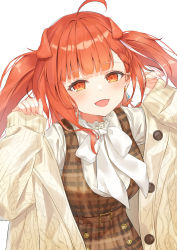 Rule 34 | 1girl, :d, absurdres, ahoge, animal ears, belt, blush, breasts, earrings, eyebrows, fang, hands up, highres, jewelry, long hair, long sleeves, looking at viewer, medium breasts, open mouth, original, red eyes, red hair, sleeves past wrists, smile, solo, twintails, yuu maraa