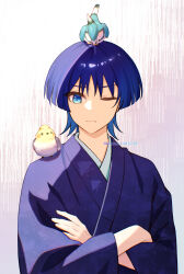 Rule 34 | 1boy, absurdres, alternate costume, animal print, artist name, bird, bird print, blue eyes, blue hair, blue kimono, blunt ends, closed mouth, commentary request, crossed arms, feathered wings, fingernails, genshin impact, grey background, highres, japanese clothes, kimono, long sleeves, looking at viewer, no headwear, one eye closed, scaramouche (genshin impact), short hair, simple background, standing, uminato, white background, wide sleeves, wings