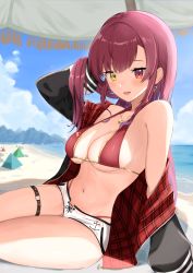 Rule 34 | 1girl, absurdres, aneal (syuuumaeee), beach, bikini, bikini under clothes, black jacket, breasts, cleavage, dolphin shorts, earrings, fangs, hand in own hair, heart, heart earrings, heart necklace, heterochromia, highres, hololive, houshou marine, houshou marine (summer), jacket, jewelry, long hair, looking at viewer, medium breasts, necklace, o-ring, o-ring thigh strap, ocean, off shoulder, official alternate costume, open mouth, plaid, red eyes, red hair, shade, shorts, sitting, smile, solo, straight hair, summer, swimsuit, tent, thigh strap, virtual youtuber, yellow eyes