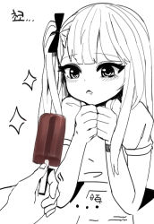 Rule 34 | ..., 1girl, 1other, aged down, character request, dokomon, drooling, food, girls&#039; frontline, holding, holding food, korean text, long hair, one side up, parted lips, popsicle, puffy short sleeves, puffy sleeves, saliva, shirt, short sleeves, simple background, sparkle, translation request, upper body, white background