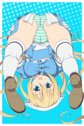 Rule 34 | 1girl, ass, blend s, blonde hair, blue eyes, breasts, dress, female focus, fugetsu taku, hair between eyes, head scarf, highres, hinata kaho, long hair, looking at viewer, looking through own legs, open mouth, outside border, panties, pantyshot, polka dot, polka dot background, shoes, solo, striped clothes, striped panties, teeth, thighhighs, thighs, underwear, white thighhighs