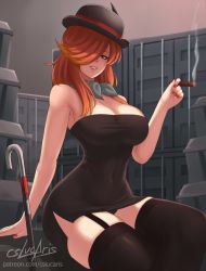 Rule 34 | arm support, bare shoulders, bowler hat, breasts, cigar, cleavage, commentary, covered navel, cslucaris, dress, feathers, genderswap, genderswap (mtf), green eyes, hair over one eye, hat, holding, holding cigar, large breasts, looking at viewer, medium breasts, orange hair, panties, roman torchwick, rwby, shipping container, sitting, sleeveless, smoke, strapless, strapless dress, teeth, thighhighs, underwear