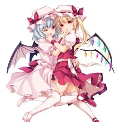 Rule 34 | 2girls, bat wings, blonde hair, blue hair, crystal, family, flandre scarlet, frills, hat, hat ribbon, high heels, hug, jpeg artifacts, looking at viewer, mary janes, mob cap, monety, multiple girls, one eye closed, open mouth, ponytail, puffy sleeves, red eyes, remilia scarlet, ribbon, sash, shirt, shoes, short hair, short sleeves, siblings, side ponytail, simple background, sisters, skirt, skirt set, thighhighs, touhou, vest, white background, white legwear, wings, wrist cuffs, zettai ryouiki